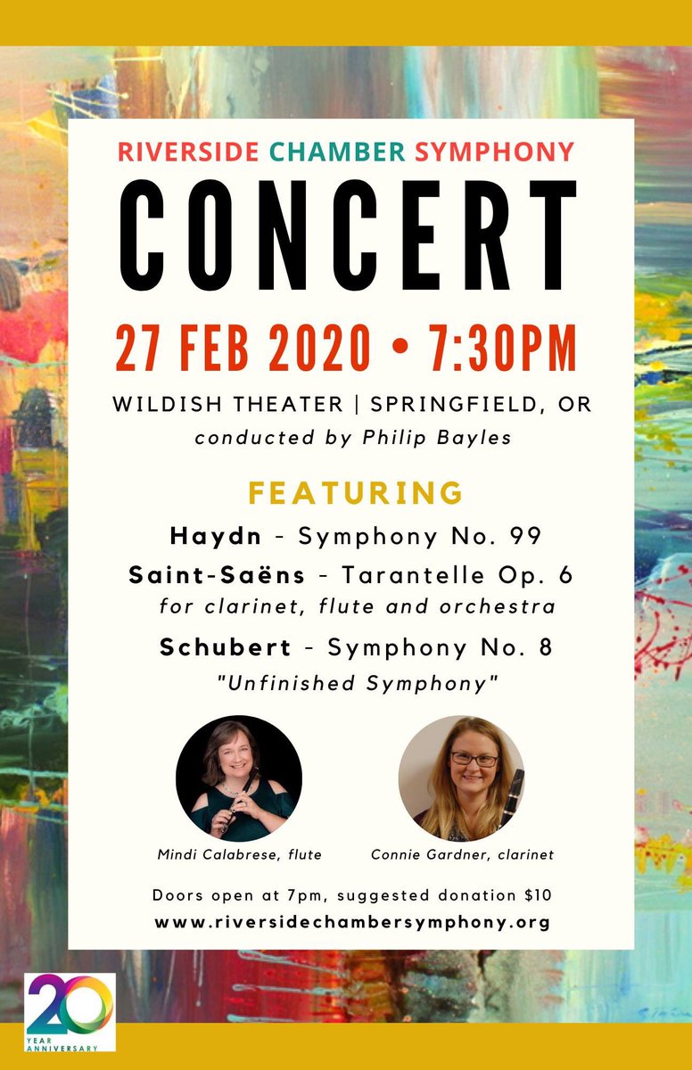 Riverside Chamber Symphony

Thursday February 27th, 7:30pm

Featuring Haydn’s Symphony 99, Saint-Saens’ Tarantelle for flute and clarinet, and Schubert’s Unfinished Symphony.

Admission free with a suggested donation of $10.
 
riversidechambersymphony.org