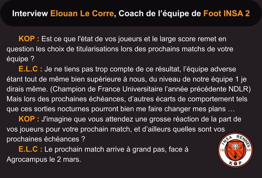 KopInsa's tweet photo. Comme prévu, on se retrouve avant le match de LDC pour une interview exceptionnelle ! 
Nous avons eu la chance de pouvoir interviewer le coach de l'équipe 2 de football de l'INSA après la défaite face à RSB. Un témoignage rare et prenant
🔶◼️Le KOP🔶◼️ https://t.co/J7aGTRb985