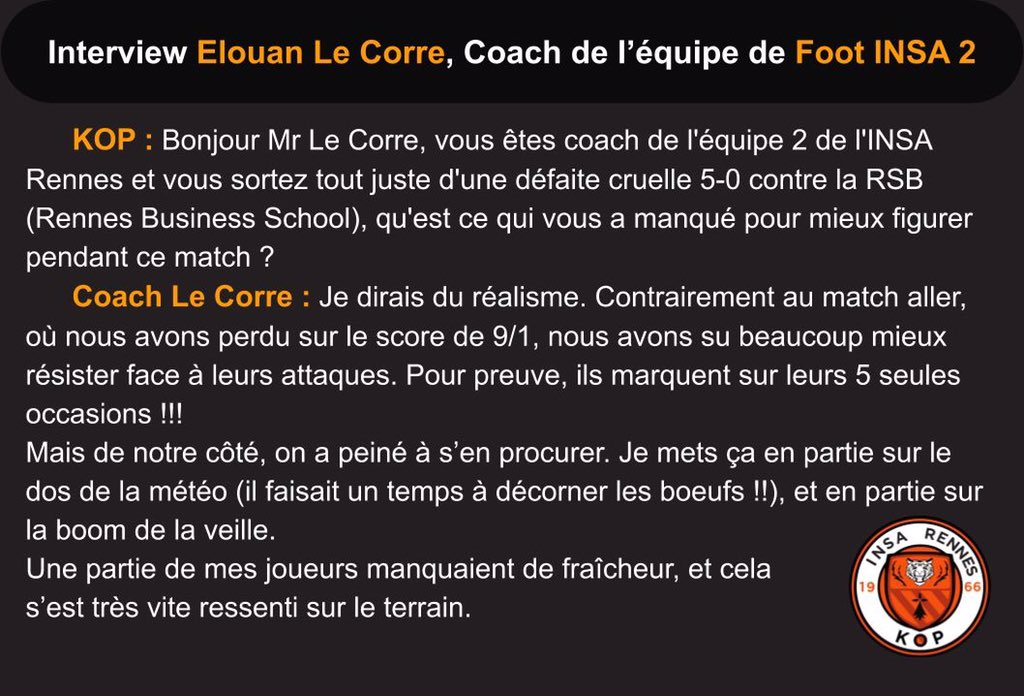 KopInsa's tweet photo. Comme prévu, on se retrouve avant le match de LDC pour une interview exceptionnelle ! 
Nous avons eu la chance de pouvoir interviewer le coach de l'équipe 2 de football de l'INSA après la défaite face à RSB. Un témoignage rare et prenant
🔶◼️Le KOP🔶◼️ https://t.co/J7aGTRb985