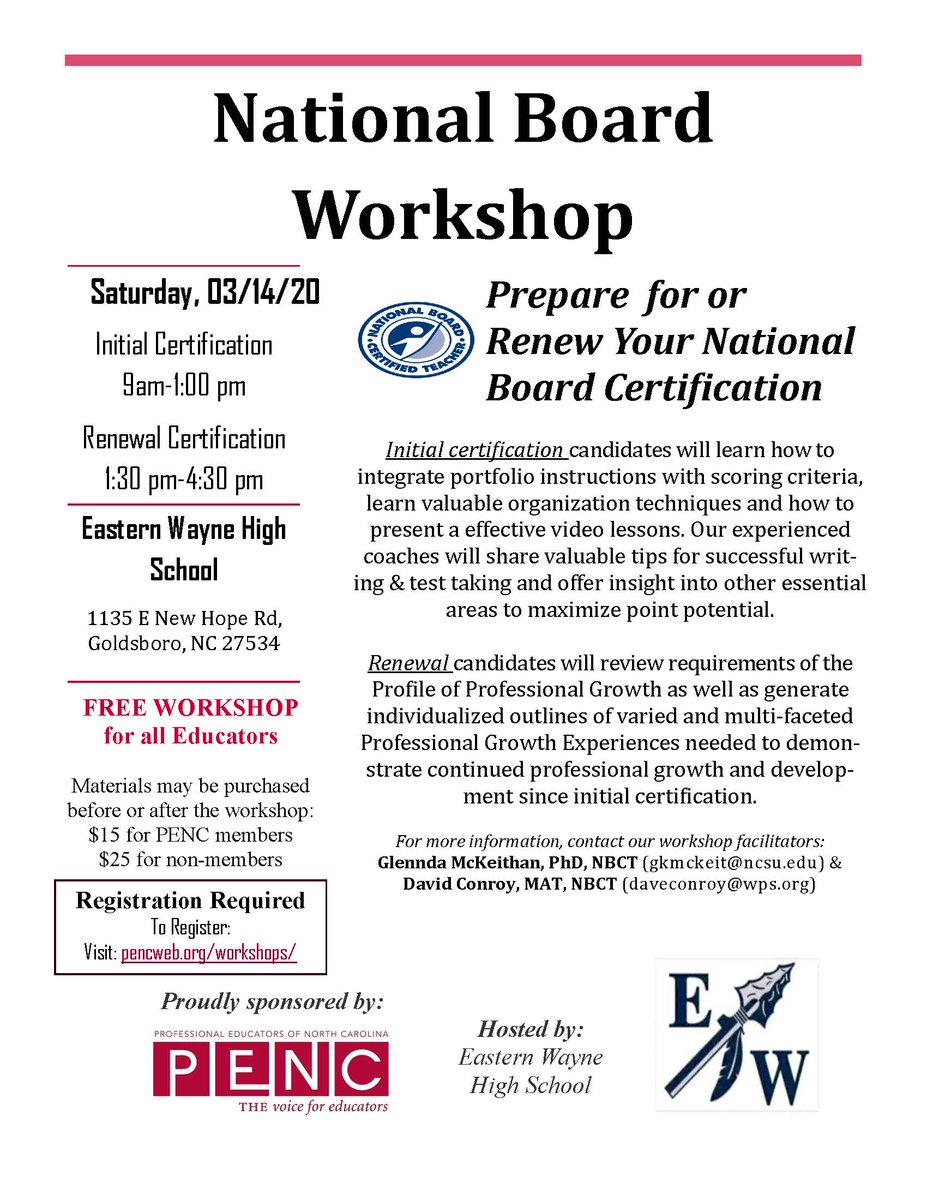 PENCnews's tweet image. Interested in obtaining or renewing your National Board Certification? PENC's National Board workshop registration is open! NC continues to top the charts of states with the highest Board-Certified educators--join them! Learn more &amp;amp; register here: pencweb.org/workshops/
#NBCT