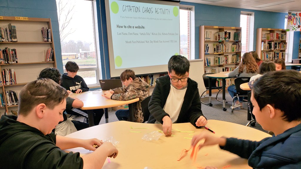 librarianliana's tweet photo. 7th grade is all about source citations and Works Cited pages today! Highly suggest using Citation Chaos kits to make this rather dry subject a bit more hands-on! Ready, set, cite!π #readingwaves #onewhitfieldreads #FutureReadyLibs #glma https://t.co/eqrzFXHjs5