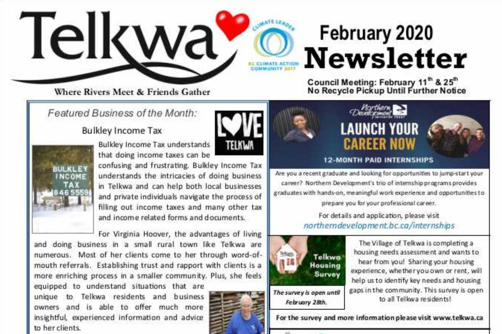 NorthernDevelop's tweet photo. Thanks @VillageOfTelkwa for highlighting our trio of internship programs in your February newsletter AND featuring a #LoveTelkwa business each month!
PS: We've extended the #intern application deadline to Feb. 29
Read the newsletter: https://t.co/jW2dVpbt4k
#Telkwa #rdbn https://t.co/HAEmSjoTW1