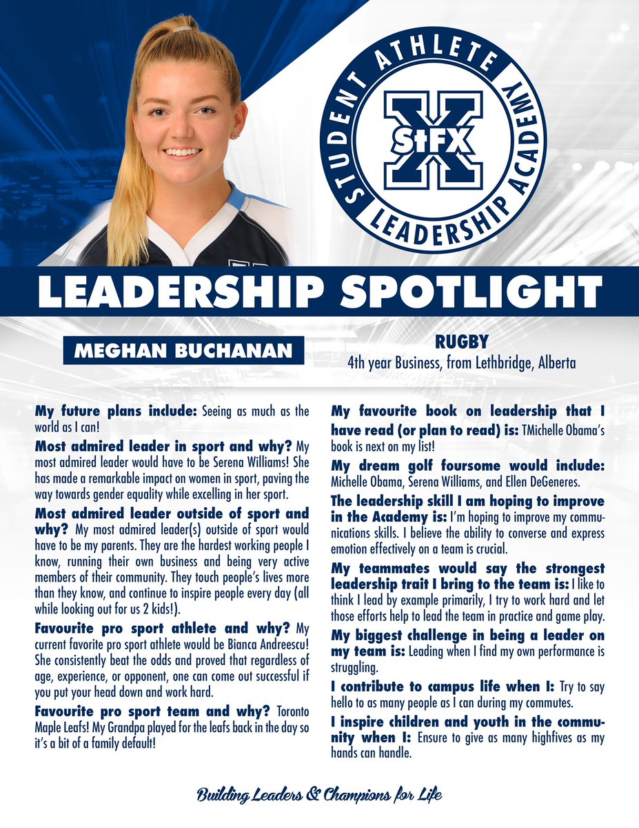 X_Leadership's tweet photo. Meet Meghan Buchanan... StFX Student-Athlete Leadership Academy is excited to share this week’s Leadership Spotlight on our @StFXAthletics ELITE LEADERS. #LeadOn #BeXceptional https://t.co/83y87hcslR