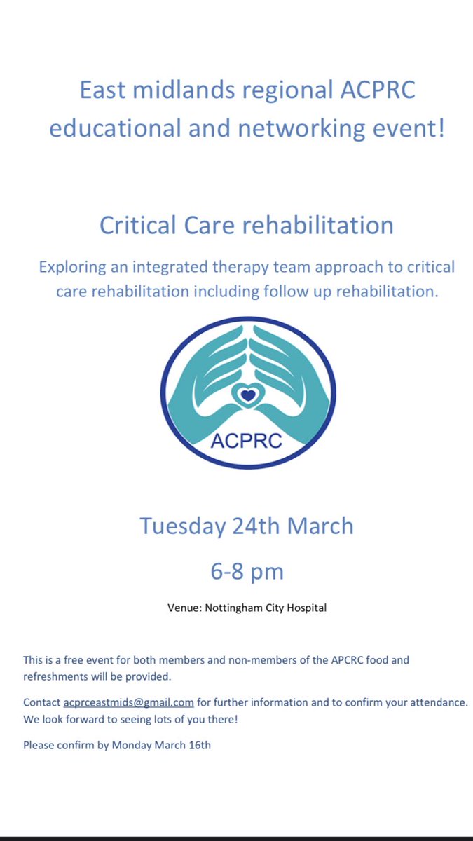 ClairMcBain1's tweet photo. ⭐️EXCITING EVENT ⭐️

The next @TheACPRC east midlands event is now ready for booking. 

Looking at the benefit of an integrated therapy team approach to rehabilitation both during and after the critical care stay. 

@KateParrott4 @ClareMoulds1981 @KMH_PT_Leanne @Gemma71504942 https://t.co/hUO3eF8RKA