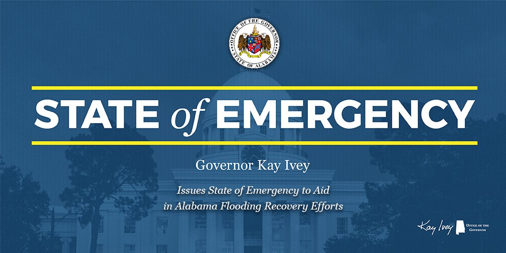 GovernorKayIvey's tweet photo. The significant amount of rain that has fallen across AL recently has caused flooding in several portions of the state. We assured our citizens that we'd be prepared to help however needed, which is why I have issued a State of Emergency. https://t.co/Ze8ZWV16ST #alwx @AlabamaEMA https://t.co/nrbObjL1iq
