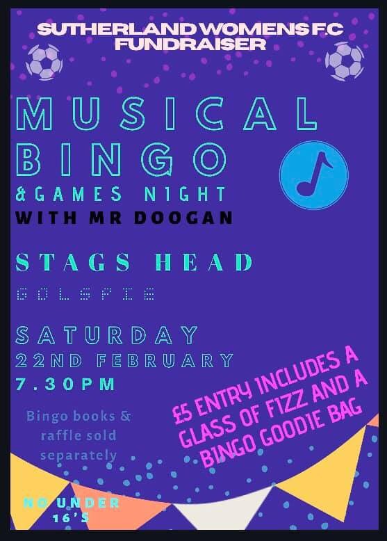 Bethany_Suth's tweet photo. 🌟SATURDAY NIGHT🌟

Come along to our Musical Bingo night. 
£5 entry which includes a bingo party bag, glass of fizz, lucky ticket &amp; a few bingo essentials. 
Your special bingo books will cost £10 plus lots of lovely prizes. 
22nd February the Stag Golspie 7.30pm 

All welcome ‼️ https://t.co/Oxq7fWB1xi