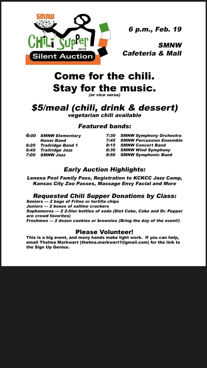 Annual Chili Supper tomorrow, Feb. 19!! Be there to support our fantastic bands and eat some delicious chili!