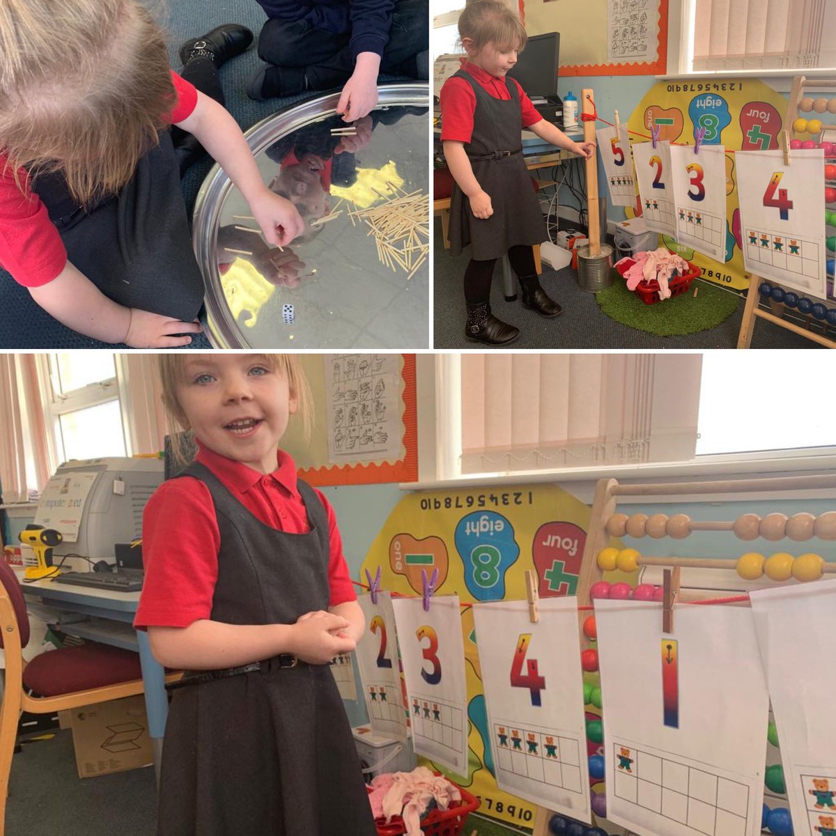 JanineMcClure17's tweet photo. Busy busy in our maths area. Numbers on the washing line, substituting, sorting dice by colour, before after & next, exploring pattern & creating with the blocks. #mathematicallanguage #earlynumeracy #learningthroughtplay https://t.co/jcp33rbZ3x