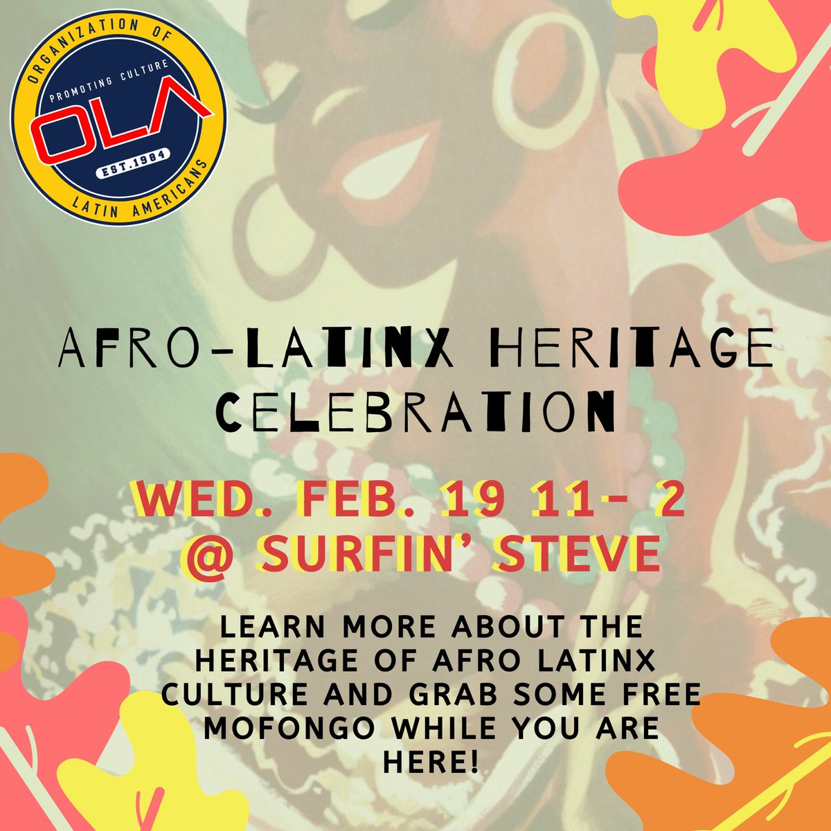 olasfasu's tweet photo. Let’s celebrate Afro-Latinx culture on this Black History Month! We will be giving away flyers with information about the influence of African culture in Latin America. You can also grab some free Mofongo and taste this delicious Caribbean dish. #sfasu #axeem #sfa21 #sfa22 #sfa23 https://t.co/ZtWYLD9ZEj