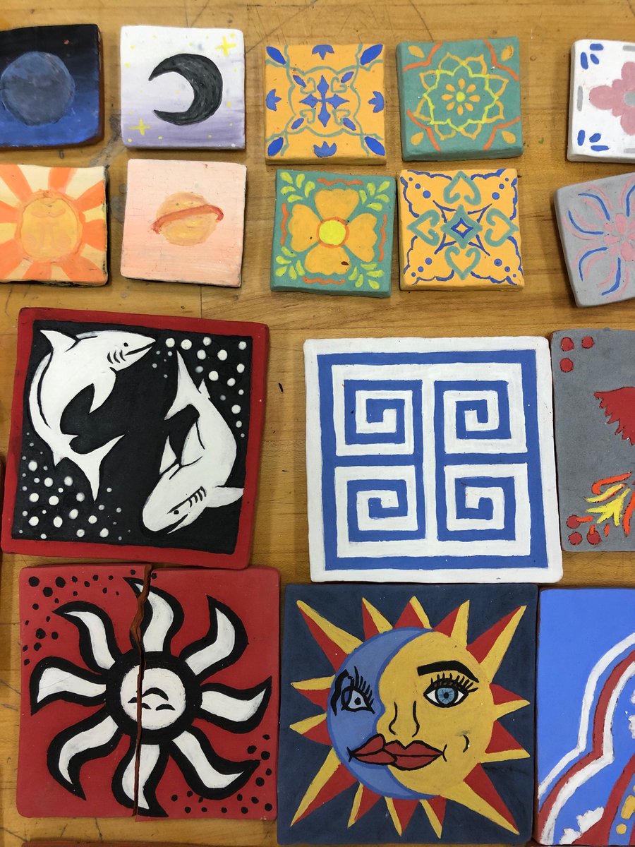 LGardenbelle's tweet photo. Honors Ceramics students created Mexican Talavera inspired tiles! Hand cut and painted, just need a clear glaze coat! @CCPS_SCHS https://t.co/BDo7UQ702P