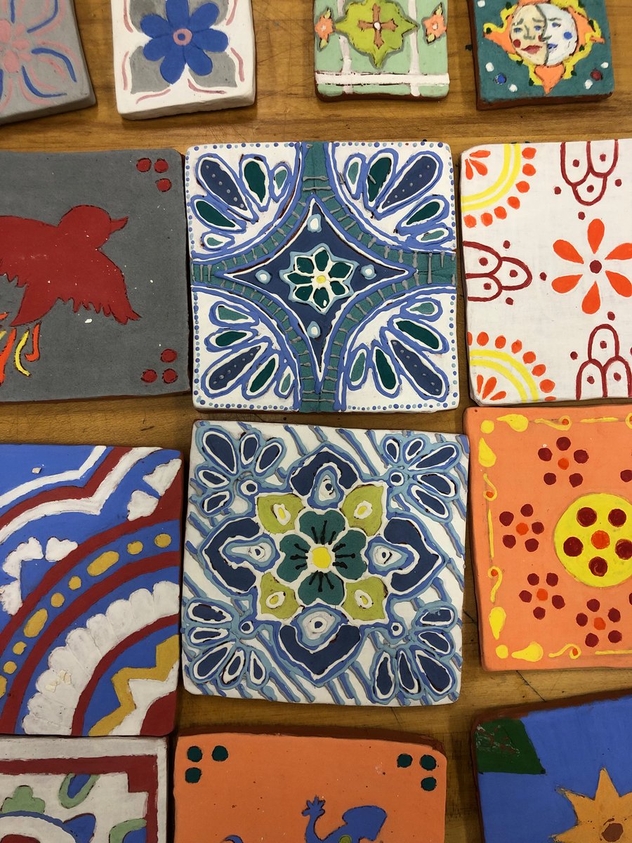 LGardenbelle's tweet photo. Honors Ceramics students created Mexican Talavera inspired tiles! Hand cut and painted, just need a clear glaze coat! @CCPS_SCHS https://t.co/BDo7UQ702P