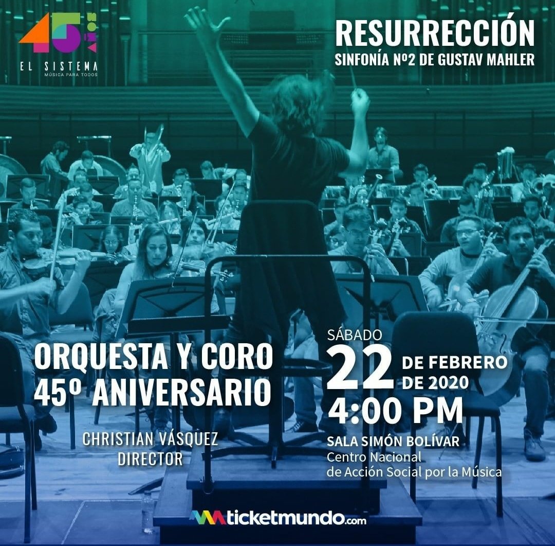 Interpretarán:
Gustav Mahler (1860-1911)
Sinfonía N°2 en Do menor, "Resurrección"
Entradas a la venta a través de Ticketmundo o en nuestras taquillas

¡Los esperamos!

#Son45 #VenAlCnaspm