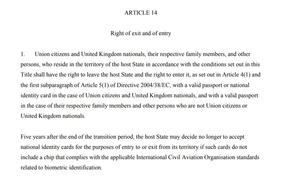 the3million's tweet photo. Guardian reports that UK will not accept ID cards from Italy &amp; France for entry into the UK from Jan 2021

This would be in direct breach of Article 14(1) - Right of Exit &amp; Entry - of the EU/UK Withdrawal Agreement which states ID cards will be valid until at least February 2025 https://t.co/UqbSKDHP8d