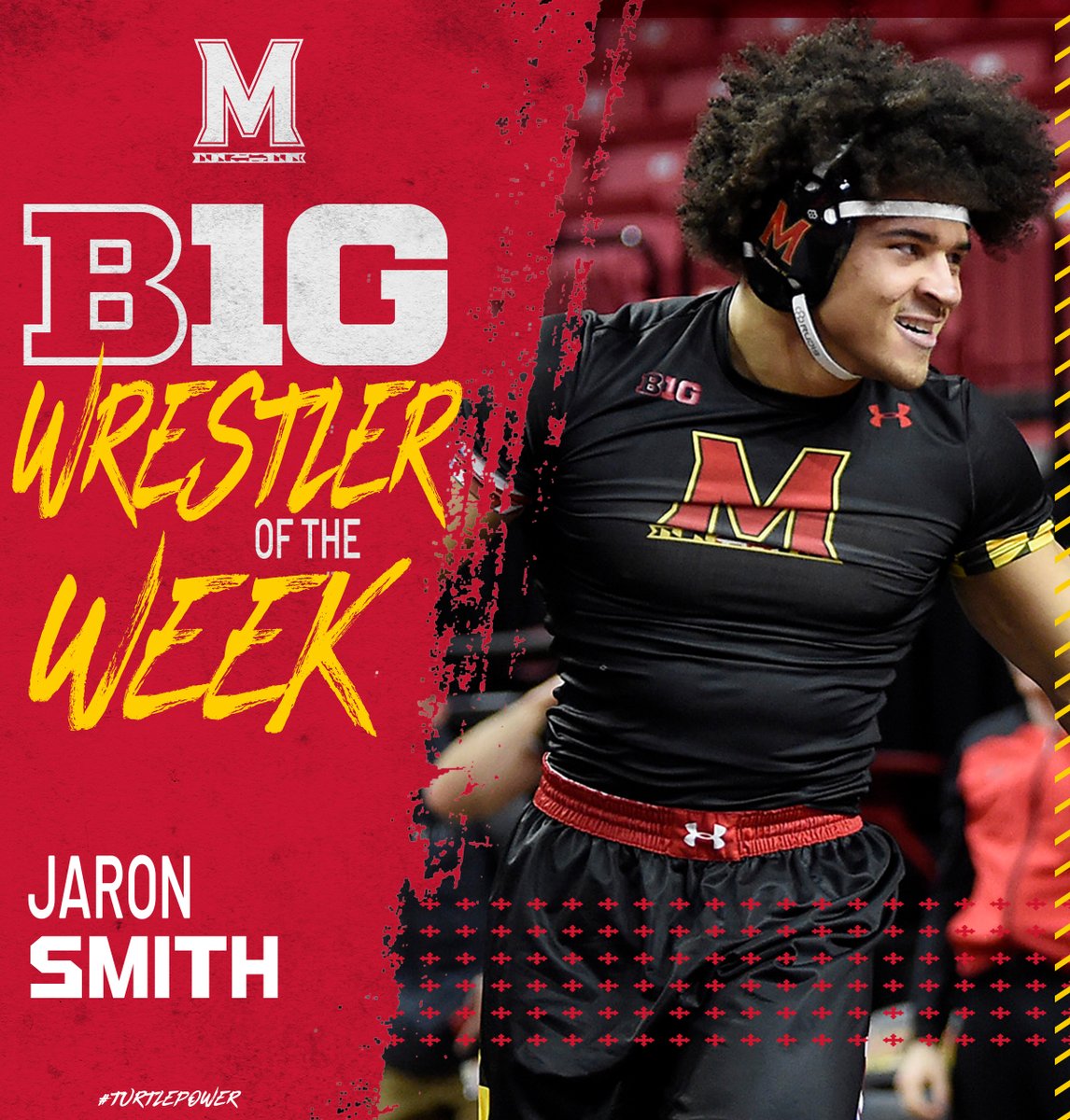TerpsWrestling's tweet photo. 🔘 Beat #16/9 Lucas Davison
🔘 Pin him in the first period 😤
🔘 Become the third wrestler in program history to be named @B1GWrestling Wrestler of the Week

@Jaronimoe_ checked all the boxes. He's the Big Ten Wrestler of the Week!

📰 https://t.co/0v7vMzAc5u

#TurtlePower🐢💪 https://t.co/tTXnA3EcNX