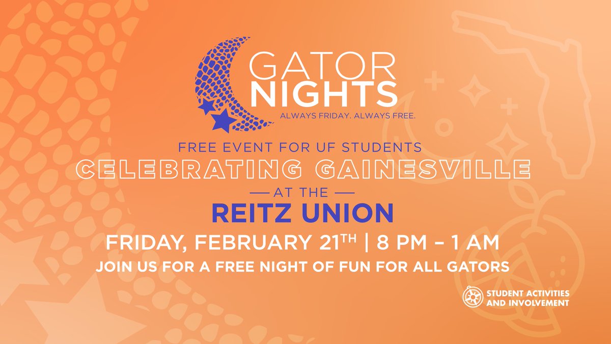 Celebrate all things Gainesville at GatorNights this Friday with an improv show by Theatre Strike Force, a Polynesian performance in celebration of APIA's 10th anniversary, mechanical gator, coffee art, butterfly terrariums, and so much more!