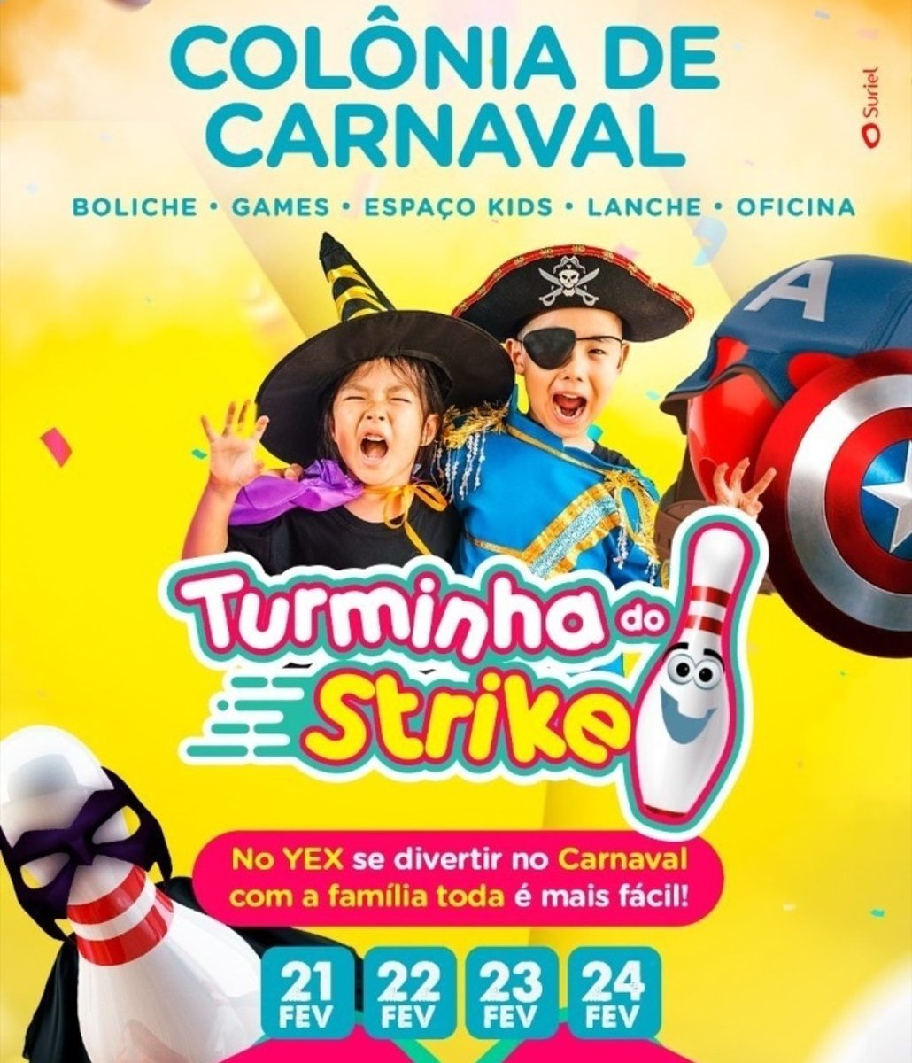COLÔNIA DE CARNAVAL YEX BOLICHE 🎳🎈🎊🤹‍♂️🎉🎪🤹‍♀️

👉 Tragam seus filhos para 🎉Colônia de Carnaval🎭 

🎳Tem boliche
🎮 Games
👶 Espaço kids
🍔 Lanche

🎟️ Sócio ADC EMBRAER $50.00
🎫 Não Sócio $60.00

📣 RESERVAS
☎️  12.3207-2415

YEXBOLICHE.COM.BR
ADCEMBRAER.COM.BR