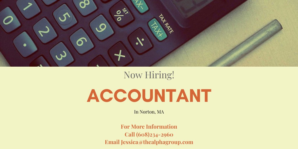 AlphaGroupJobs's tweet photo. Now Hiring an Accountant in Norton, MA! For More information visit: https://t.co/efhR3A8E7g

#Accountant #NowHiring #NortonJobs https://t.co/3oXlitu0FD