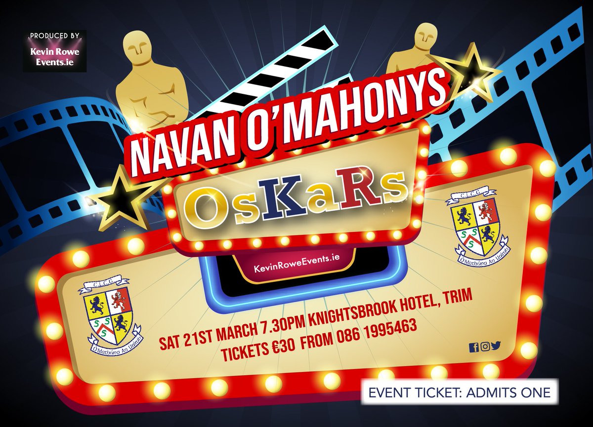 Tickets are on sale for the main event our OsKars night in the Knightsbrook Hotel on Saturday 21st March. They are on sale from the Club bar or through our OsKars Facebook page