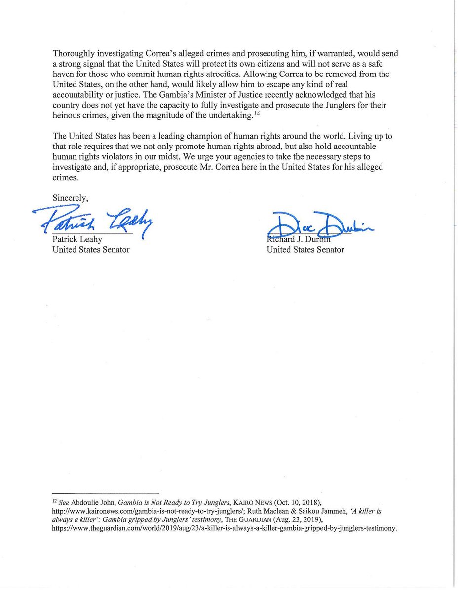 theANEKED's tweet photo. We stand with @SenatorLeahy @SenatorDurbin urging for the investigation & possible prosecution of Michael Correa, a member of the Junglers accused of committing crimes against humanity on orders of #YahyaJammeh. Please amplify this message! #Junglers2Justice #Jammeh2Justice https://t.co/srvVx4eKok