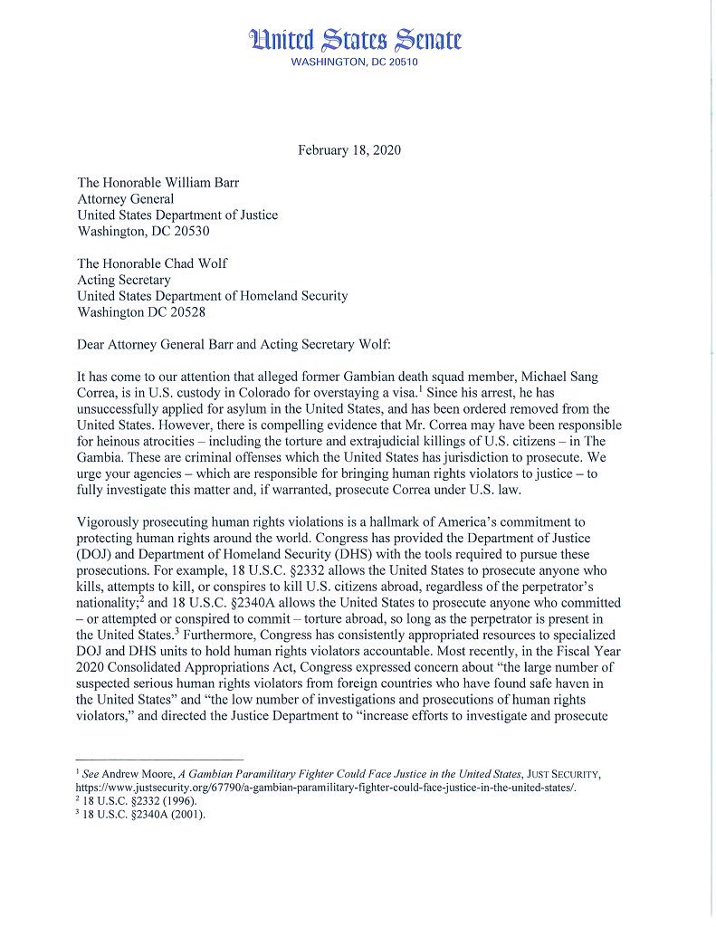 theANEKED's tweet photo. We stand with @SenatorLeahy @SenatorDurbin urging for the investigation & possible prosecution of Michael Correa, a member of the Junglers accused of committing crimes against humanity on orders of #YahyaJammeh. Please amplify this message! #Junglers2Justice #Jammeh2Justice https://t.co/srvVx4eKok