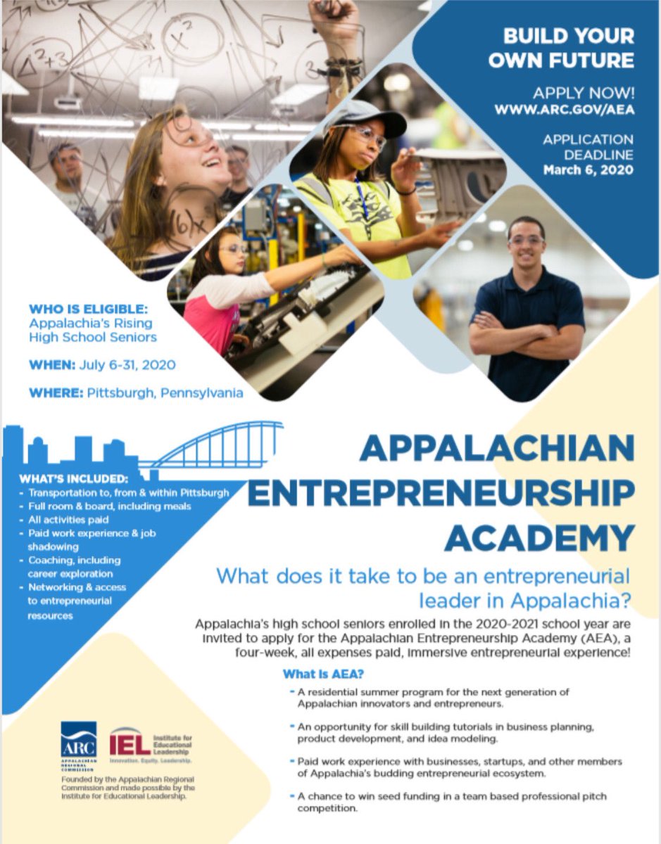 OpportunitySWVA's tweet photo. Rising high school seniors are encouraged to apply for the Appalachian Entrepreneurship Academy. A 4️⃣-week, all expenses paid💰, entrepreneurial experience❗️🚀

Apply today at https://t.co/qgjx7l2QOU and join the next generation of Appalachian entrepreneurs. https://t.co/Vo08Up9bDY