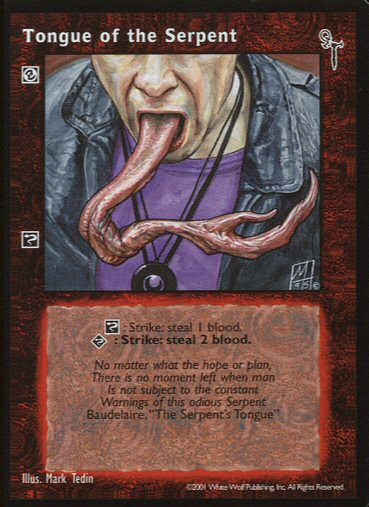 CCGHistory's tweet photo. The Ministry do #TongueOutTuesday better than your dog

"Tongue of the Serpent"
[Vampire: the Eternal Struggle - Final Nights (Ancient Hearts Reprint) - June 2001]

#VampiretheEternalStruggle #VtES #CCG #TCG #TradingCards @Black_Chantry #Serpentis
@wwpublishing #MarkTedin #Jyhad https://t.co/R6BRvt8jz6