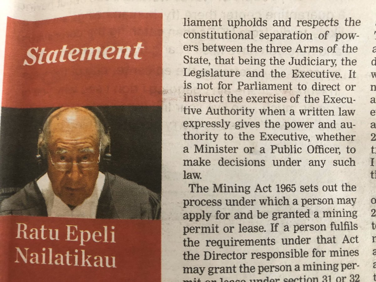 Speaker’s ruling on Sigatoka petition pronounces loftily (and largely off point) on separation of powers between legislature and executive. Ironically the Speaker gets his advice from the A-G’s office (the executive). In our #truedemocracy Parliament’s not allowed its own lawyers