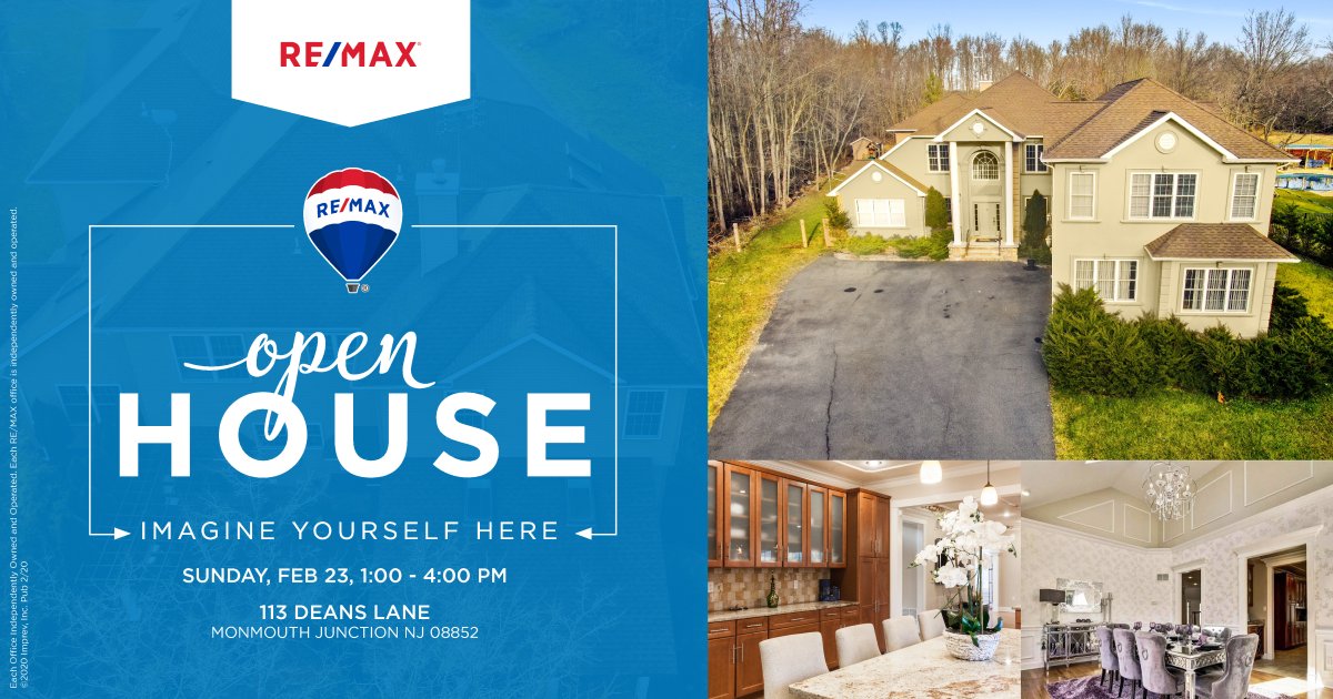 REMAX_ONE's tweet photo. Sunday Open House! 5 BR, 4.5 BTH, custom-built colonial with side-entry garage on almost 2 acres. 732.438.0001.
#openhousenj #njhomesforsale #southbrunswick #middlesexnj #njrealestate #OpenHouse #Remax #luxuryhomesnj #realtors #remaxone https://t.co/136UhJDkY9