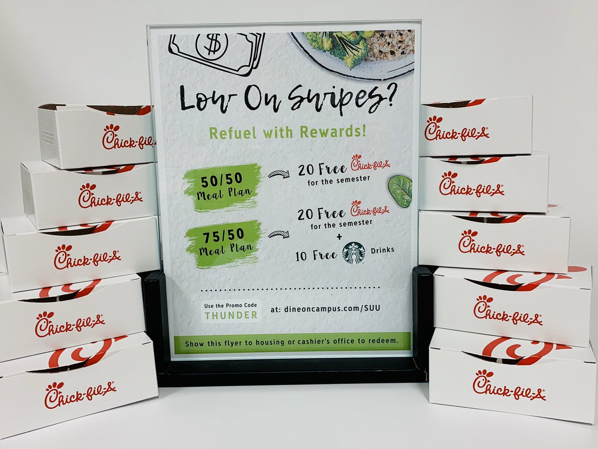 suudining's tweet image. Recharge your meal plan with free Chick-fil-A or Starbucks! Use promo code THUNDER at dineoncampus.com/suu/meal-plan-… when you purchase a 50/50 or 75/50 recharge meal plan!