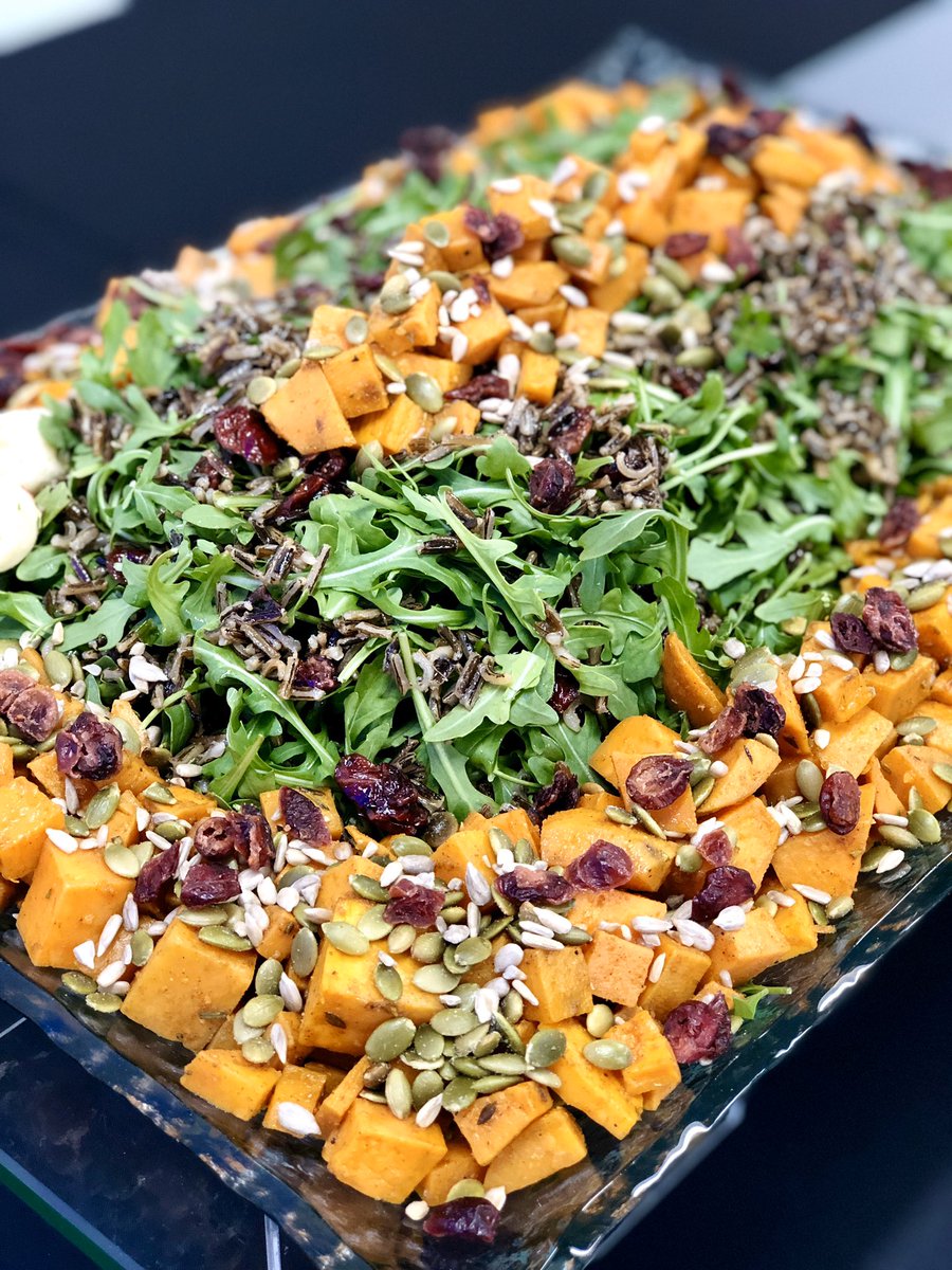 Let <a href="/ChezMontier/">Juan Montier</a> cater your next corporate event and delight your guests with this Hearty Sweet Potato Salad with Wild Rice, Arugula, Dried Cranberries, and Pumpkin and Sun Flowers served with a Pink Peppercorn Dressing. #delicious #healthy
