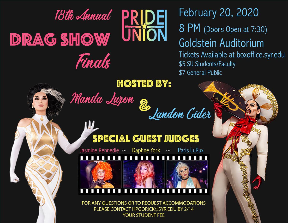 PrideUnionSU's tweet photo. Our 18th Annual Drag Show Finale is this Thursday at 8 PM! 🤩 Hosted by @RuPaulsDragRace All Star, @manilaluzon, and @bouletbrothers Dragula Winner, @LANDONCIDER, with special guest judges Daphne York, Jasmine Kennedie, and, from @CampWannakiki, @parislurux! 🌟 🎟 Link in Bio! https://t.co/oMBwCU8t1I