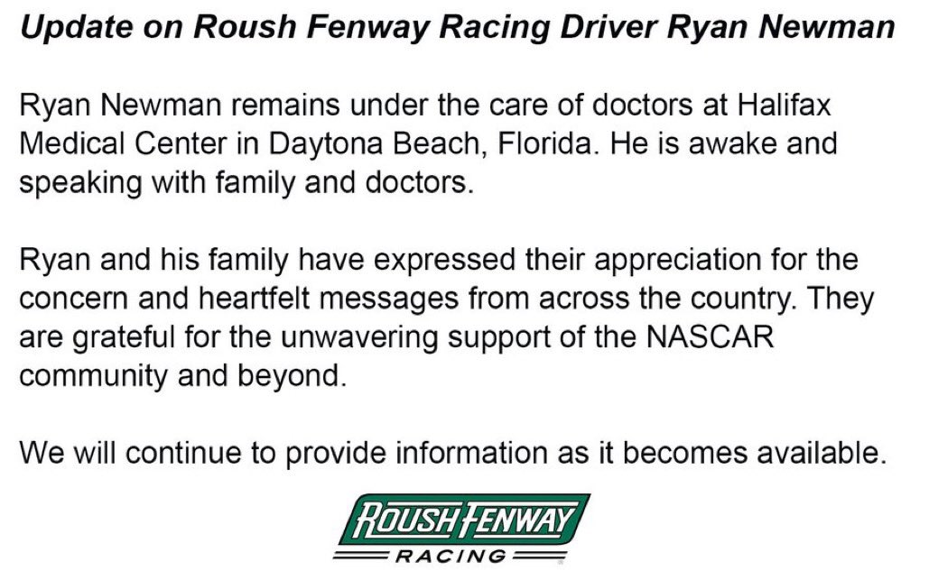 MartySmithESPN's tweet photo. Latest on Ryan Newman. Awake and speaking with family and doctors. https://t.co/lxZc56GLr4