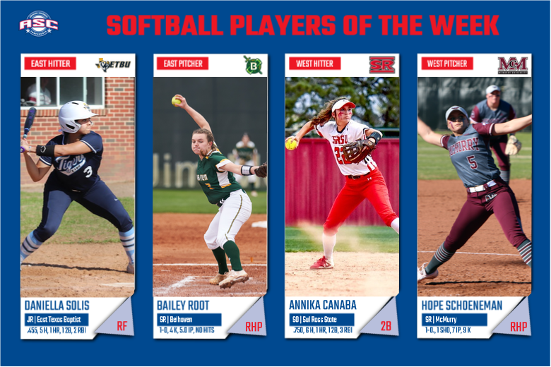 ASC_sports's tweet photo. SB | @GoETBUTigers Daniella Solis, @belhavenblazers Bailey Root, @sul_sports Annika Canaba and @mcmsports Hope Schoeneman named ASC Softball Players of the Week https://t.co/VeCp5YCwnZ #ASCsb #d3sb https://t.co/4WYLfcuEaV