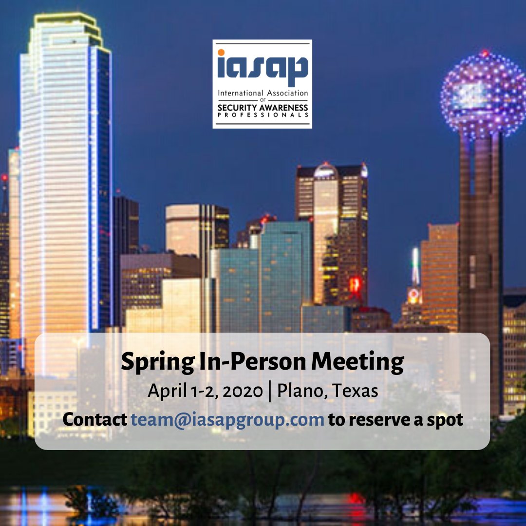 IASAPgroup's tweet photo. Security awareness pros, have you made plans to attend the 4/1-2 #IASAPTX meeting in Plano hosted by our amazing friends at @McAfee_Labs? Contact team@iasapgroup.org today! https://t.co/z6voZiA5mu