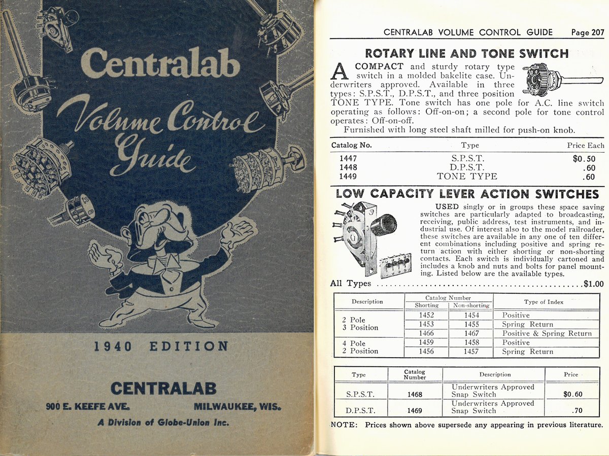 electro_nc's tweet photo. Still dusty from the archives, a 1940 Centralab catalog featuring the CRL 1452! Could there be a catalog featuring our time tested pickup selector switch from the 1930s? Time will tell... https://t.co/TAcErHqKx6 https://t.co/zrTdM7DE5l