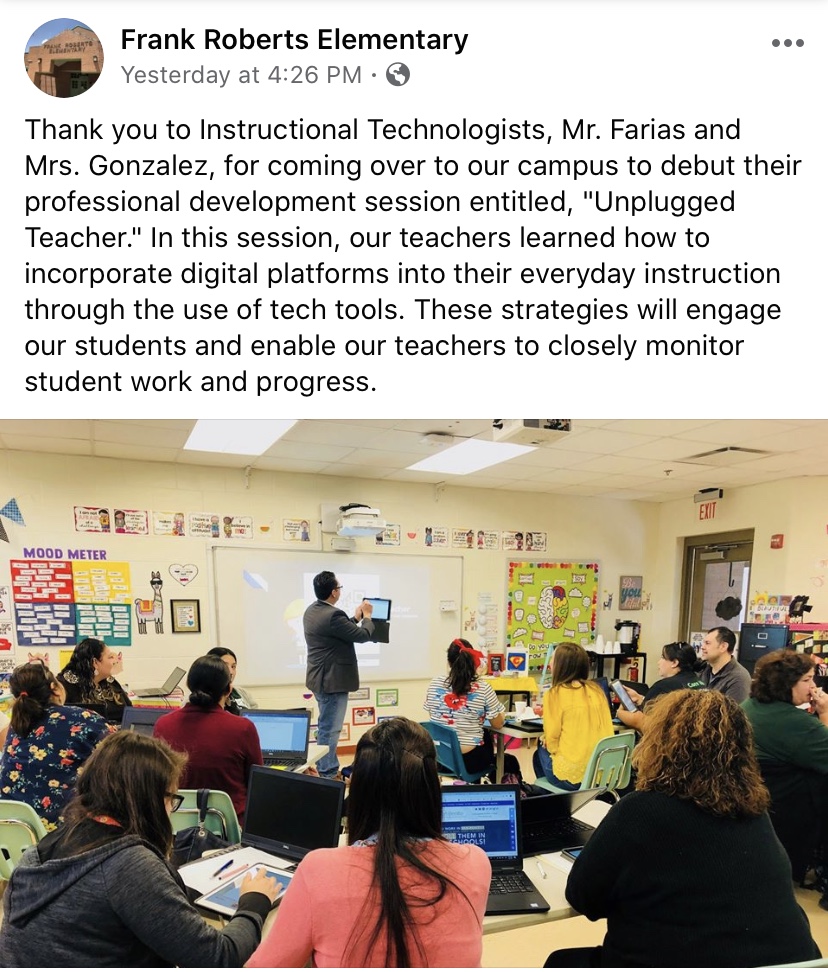 SBinspirED's tweet photo. Kicking off the debut of our #unpluggedteacher training 
@SBinspirED! Thank you Frank Roberts teachers for being amazing! 
#SBdigitalEd
@SanBenitoCISD https://t.co/RDnGYkT7sg