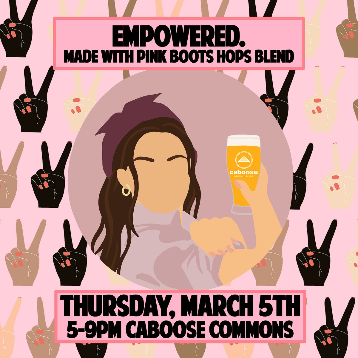 CabooseBrewing's tweet photo. New beer coming your way! In honor of International Women's Day, we used the 2020 Pink Boots hop blend to create a West Coast IPA titled, "Empowered." We will be canning and releasing this beer the same day as our Women's Day Market- March 5th. Mark your calendars! https://t.co/07SwWjA9uE
