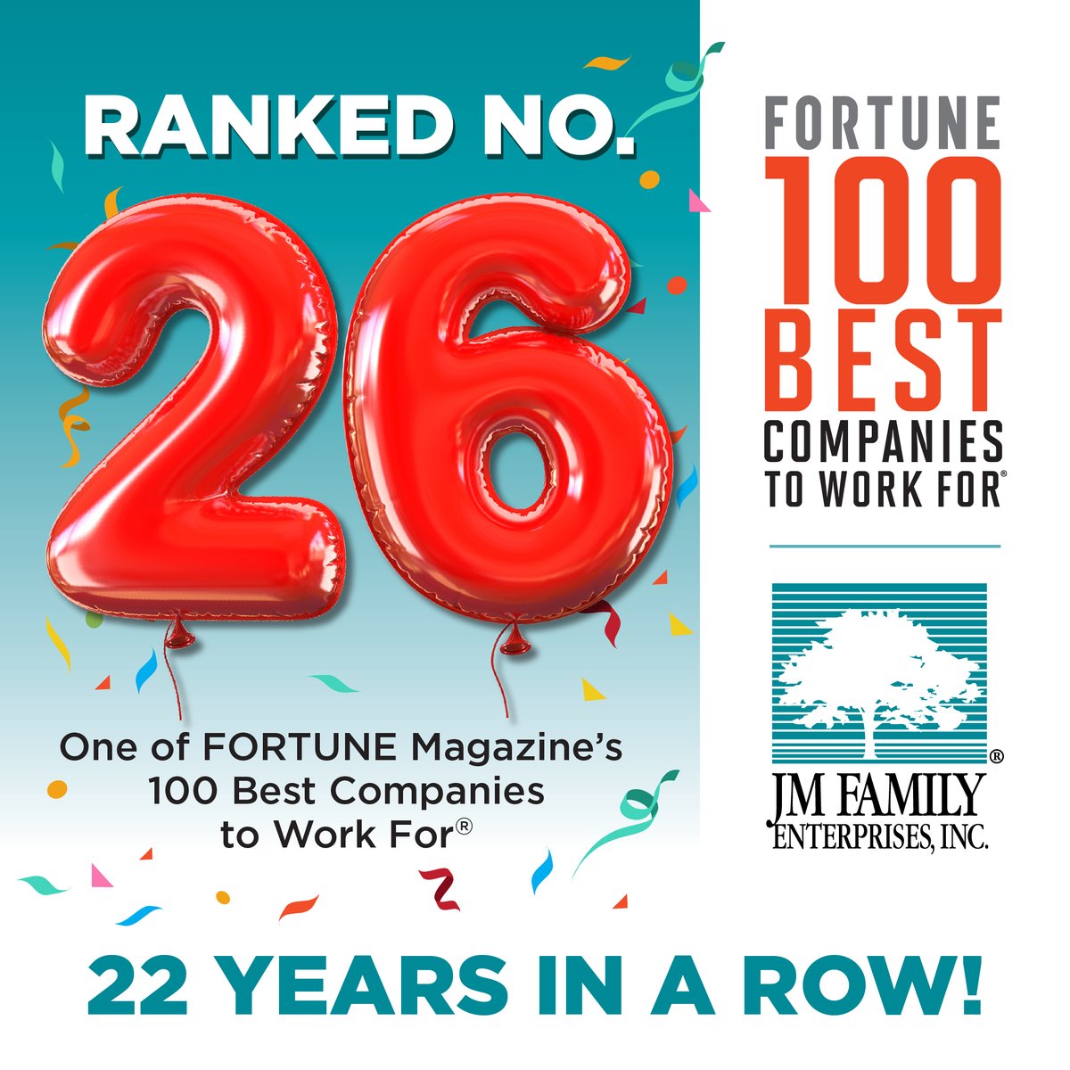 jmfamilynews's tweet image. 🎉It's time to celebrate!🎉 For the 22nd consecutive year, we have been named as one of the 2020 Fortune 100 Best Companies to Work For by @GPTW_US and @FortuneMagazine! #BestWorkplaces #GPTWcertified #WeDoItBetter #jmfamilyIMPACT