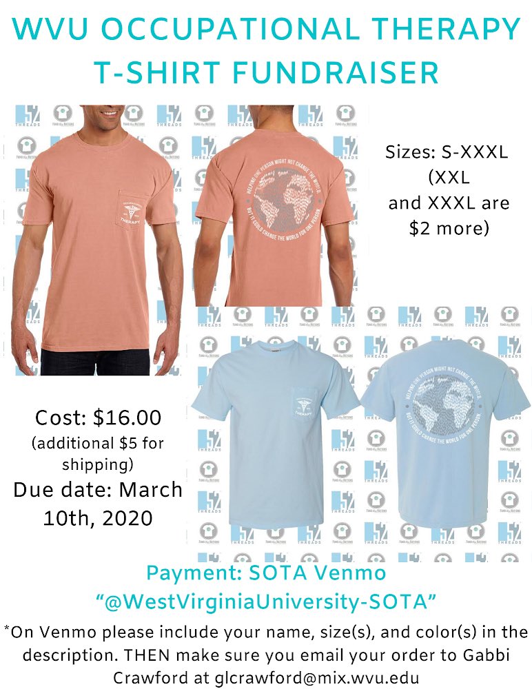 WVUSOTA's tweet photo. WVU Occupational therapy T-shirt fundraiser information with close up pictures of the front and back design! https://t.co/1G0MESs7oU