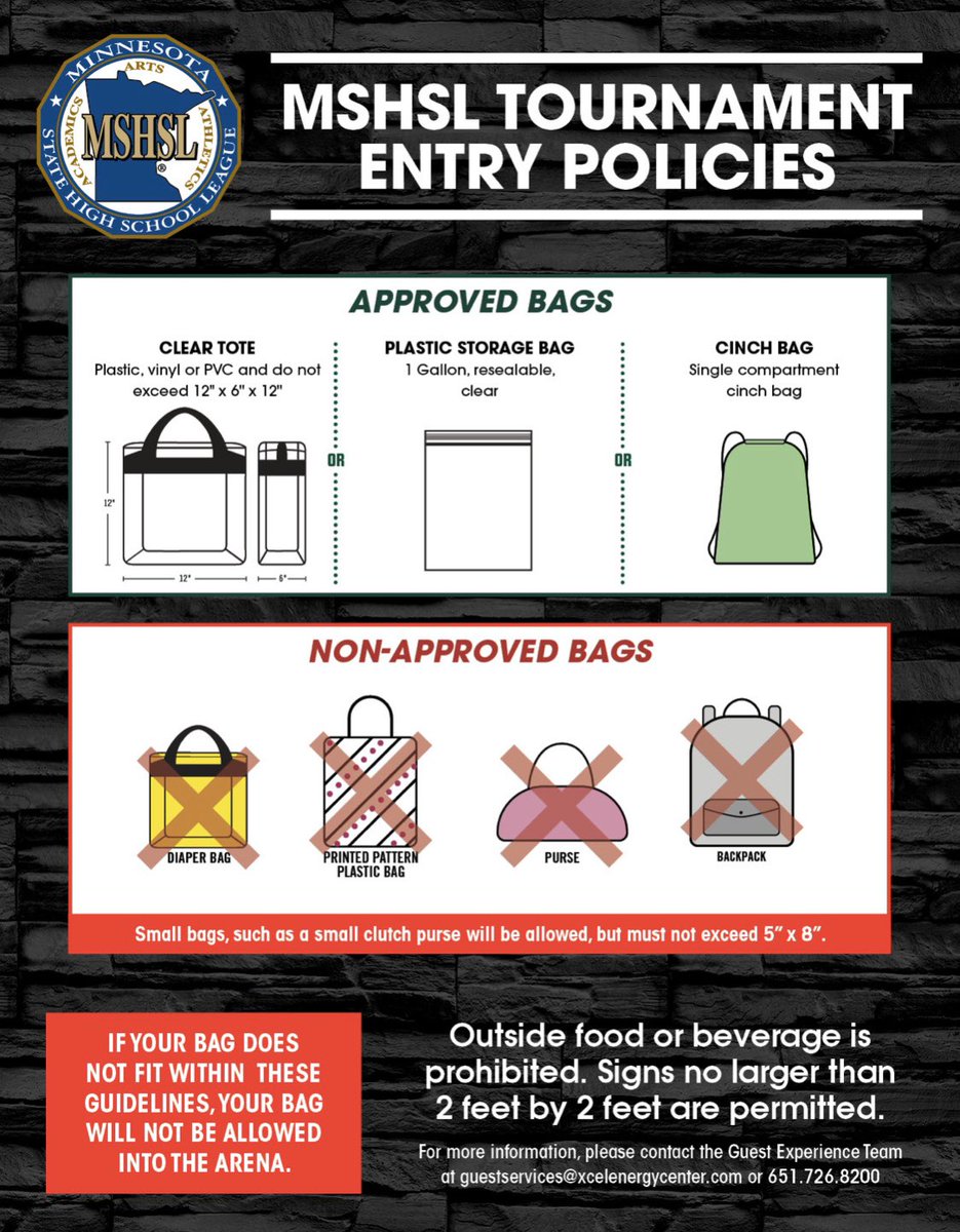 For anyone coming to the game tomorrow at Xcel Energy Center make sure to follow the bag guidelines! <a href="/cardsathletics/">Willmar Athletics</a> <a href="/YulpSection/">The Red Sea</a>