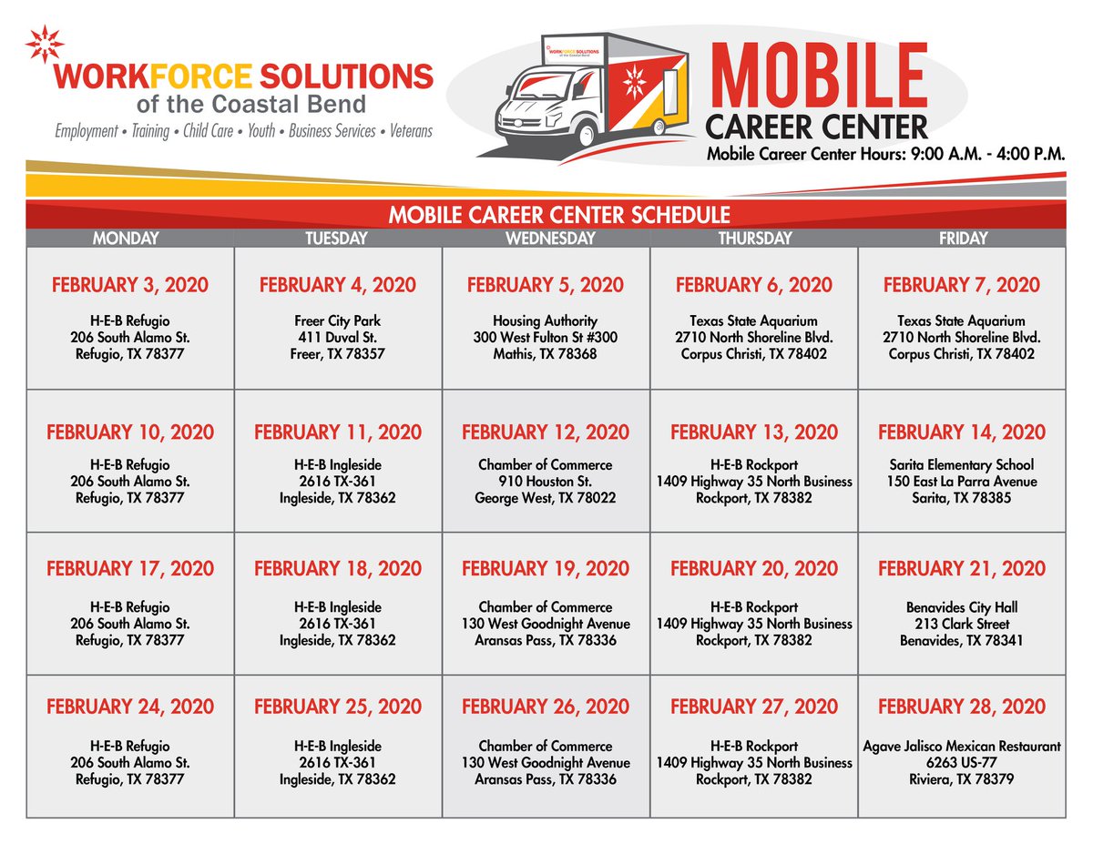 WorkforceCB's tweet photo. The Workforce on Wheels (WOW) Unit will not be in Aransas Pass, Texas, on Wednesday, February 19th due to routine maintenance. If you are looking for work or workers, please stop by one of our Career Centers or see the calendar for the complete February schedule. #WorkforceCB https://t.co/Avs8uqeIRy