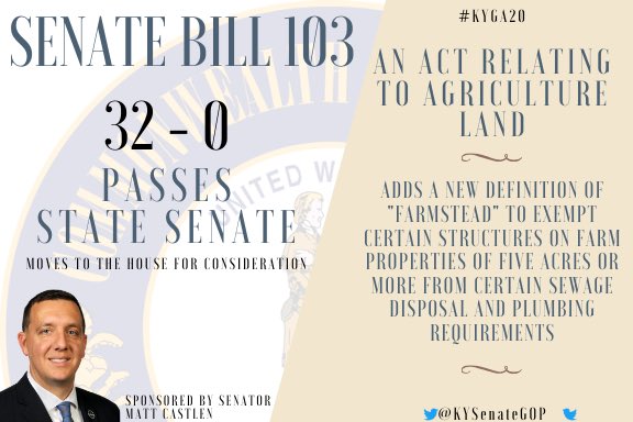 The Senate has passed Senate Bill 103, sponsored by Senator <a href="/mattCastlenKY/">MattCastlenKY</a>. Information on SB 103 can be found here: apps.legislature.ky.gov/record/20rs/sb… #kyga20