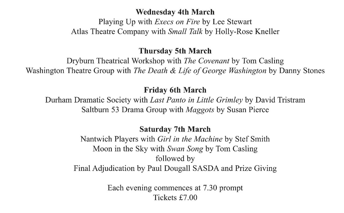 The third annual One Act Play Festival. 4th-7th March @ArtsCtrWton

Please RT @netheatregeek @NETheatreGuide @NETheatre @neconnected @NEFollowers @whatsonne