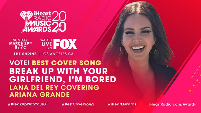 LanaDelReyLatam's tweet photo. ¡Esto depende de nosotros! @LanaDelRey tiene 2NOMS a los @iHeartRadio 2020, y podemos hacerla ganar en 1.
1RT=1VOTO
#BreakUpWithYourGF #BestCoverSong #iHeartAwards https://t.co/ivfZW2lcqb