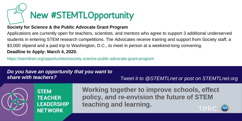STEMTLnet's tweet photo. NEW #STEMTLopportunity! Society for Science & the Public Advocate Grant Program- Applications are currently open for teachers who agree to support 3 additional underserved students in entering STEM research competitions. https://t.co/xuKbRbmx2x #STEMteachers #STEMed #STEMTLnet https://t.co/zpyWJxIFGw