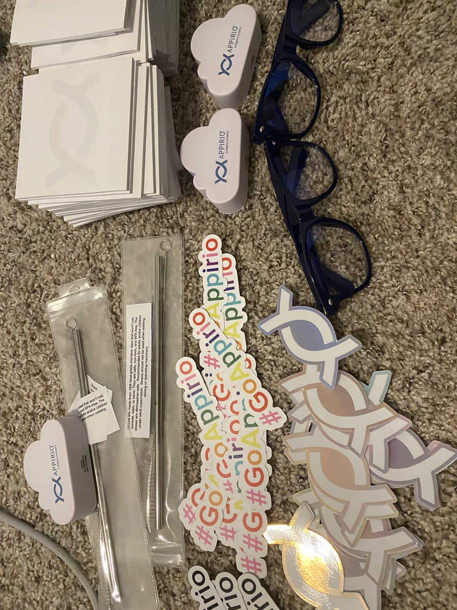 TechieZach's tweet image. Just when I think the packages stopped coming.... More stickers!! Including 🌈#GoAppiro stickers, @SFDOPartners metal straws, blue light glasses, sticky notes, and stress balls have appeared!!