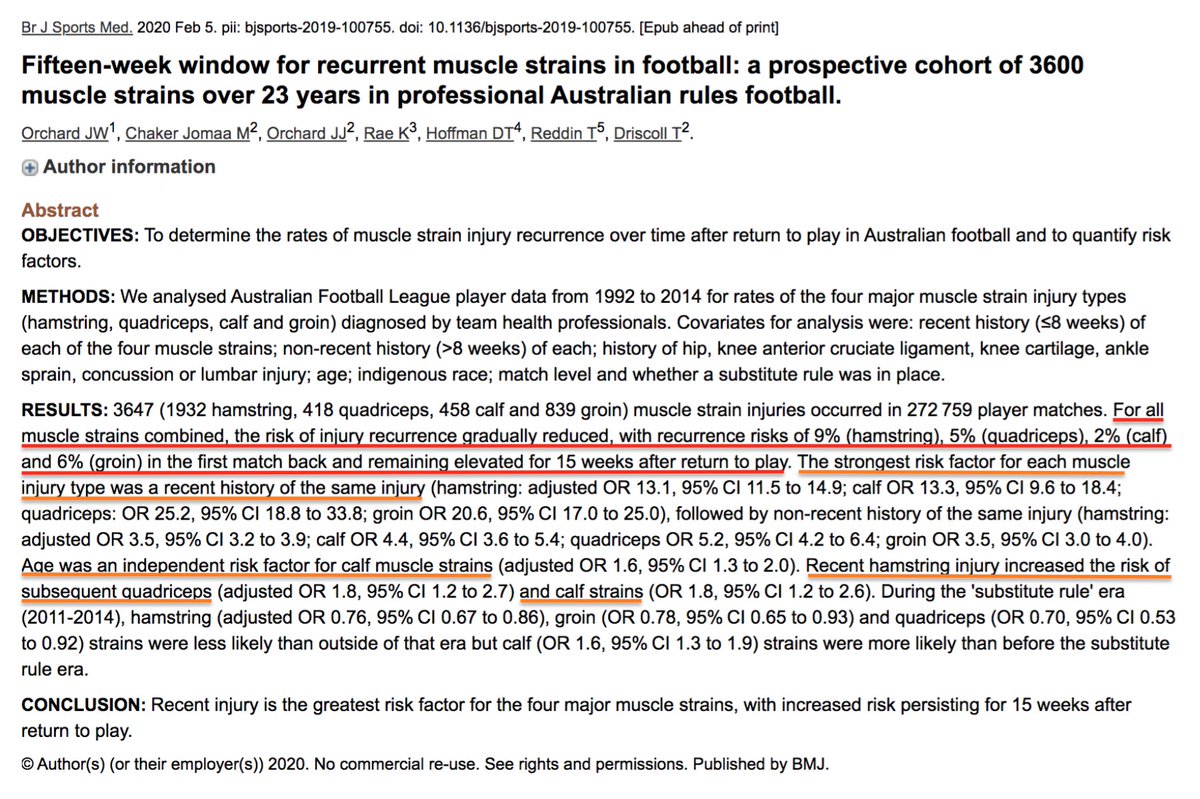 El mayor factor de riesgo para una lesión muscular es una lesión reciente (<8 semanas) en el mismo grupo muscular y este riesgo se extiende hasta las 15 semanas tras la vuelta a la competición 
De <a href="/DrJohnOrchard/">John Orchard</a> en <a href="/BJSM_BMJ/">British Journal of Sports Medicine (BJSM)</a> 

bjsm.bmj.com/content/early/…