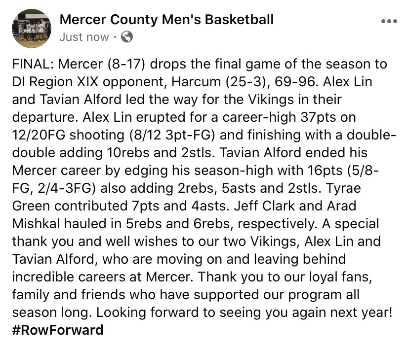 MCCCHoops's tweet image. FINAL: Mercer (8-17) drops the final game of the season to DI Region XIX opponent, @HarcumMBB (25-3), 69-96. @AlexLinal with a double-double 37pts and 10rebs. @Tav_Alford with 16pts, 2rebs, 5asts and 2stls. @JUCOadvocate #MercerCollege #MCCCHoops #RowForward #SophomoreVikings
