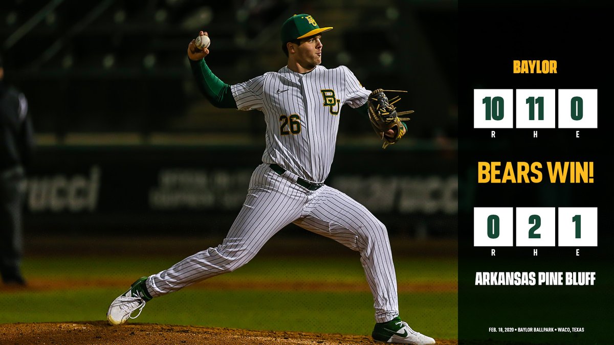 BaylorBaseball's tweet photo. BEARS WIN! 

Defeat visiting Arkansas Pine Bluff in 7 innings to improve to 3-1 on the season!

WP - @hambletonoliver 
@rickyjm_11 - 2 H, 3 RBI
@kylenevin3 - 3 H, 1 RBI
@jared_mckenzie2 - 2 H, 1 RBI

#SicEm https://t.co/TqVlGGGno9