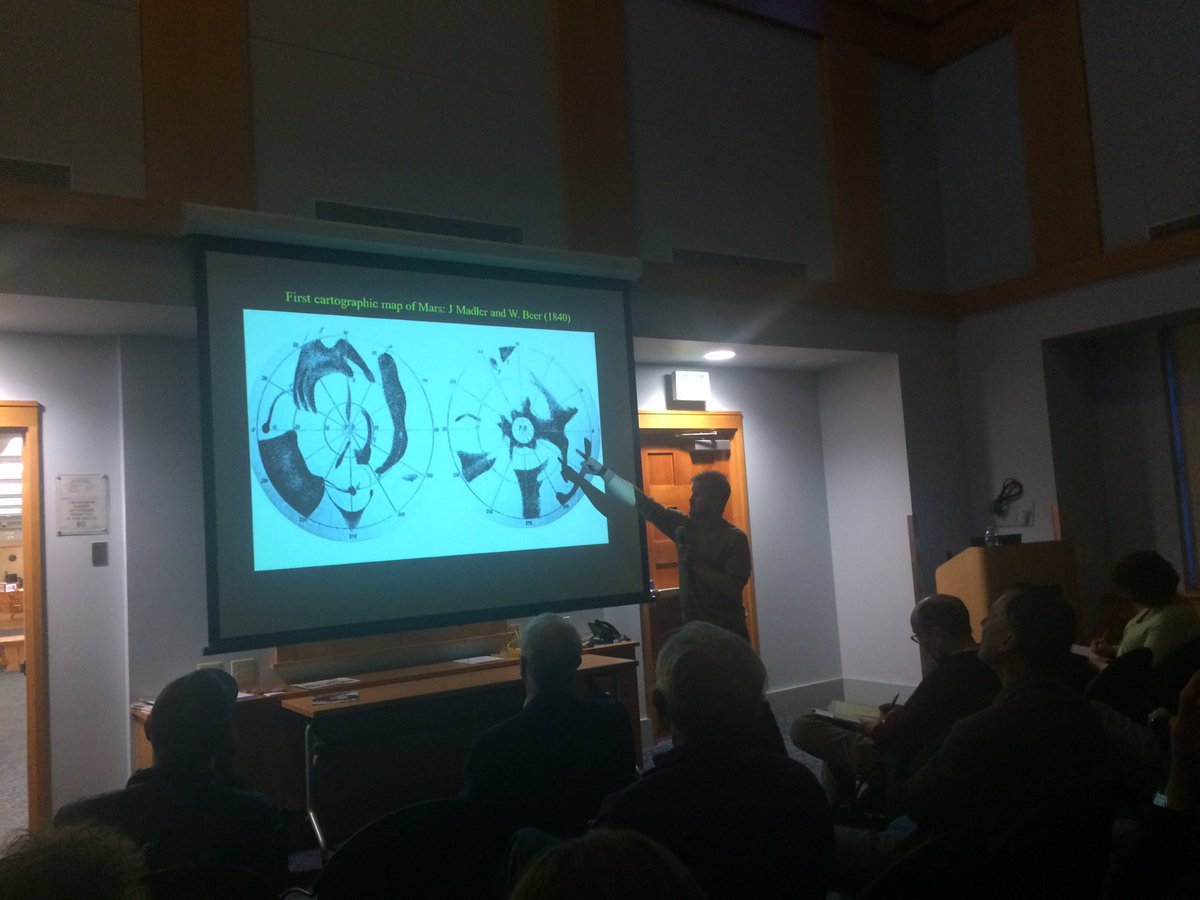 fritzGIS's tweet photo. Brian Hynek from CU Boulder steps the Rocky Mtn Map Society through maps of Mars... from the earliest map to his modern work of mapping the temporal presence of water in the planet! #MappingMars https://t.co/dPsKspqWop